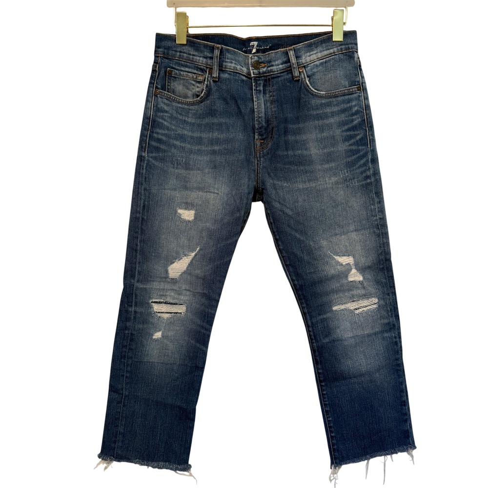 7 For All Mankind Adrien Mens Distressed Slim Fit Jeans Blue Raw Hem Medium Wash